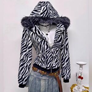 Zebra Print Faux Fur Hooded Jacket